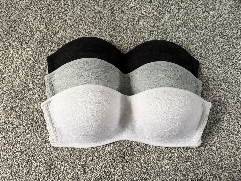 Victorias Secret PINK Bandeau Bra Bundle White Black Gray Size Small Lace 3 Bras